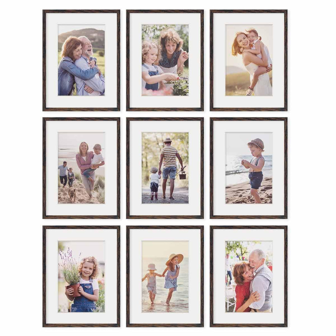 PHOTOLINI Bilderrahmen 30x40 cm MDF-Holz Eiche Dunkel, 9er Set Posterrahmen mit Passepartout, bruchs