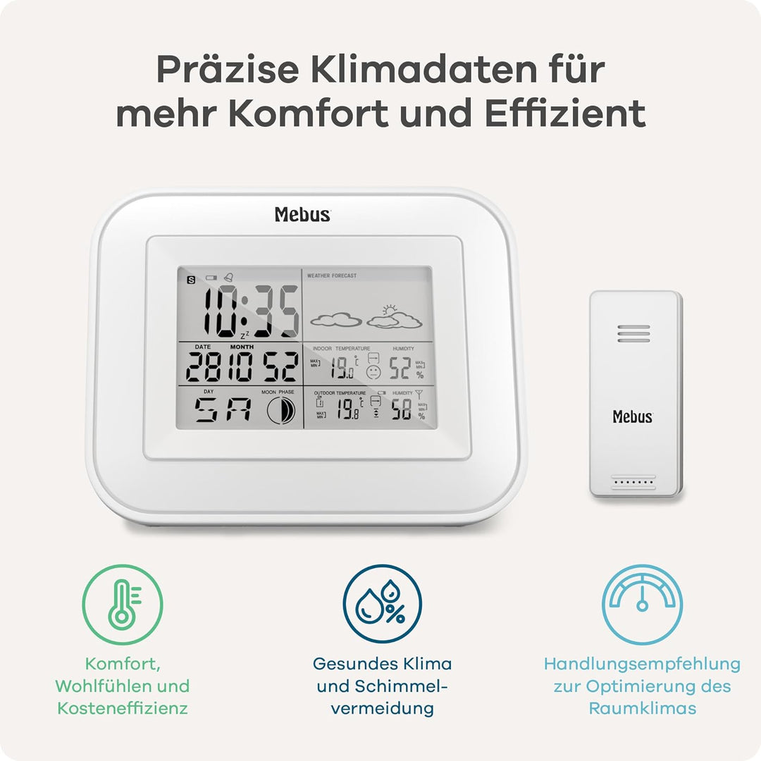 Mebus Funk-Wetterstation mit Aussensensor, Komfort-Indikator, Anzeige von Temperatur, Luftfeuchtigke