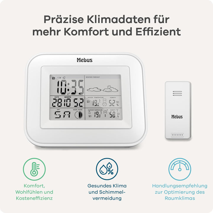 Mebus Funk-Wetterstation mit Aussensensor, Komfort-Indikator, Anzeige von Temperatur, Luftfeuchtigke