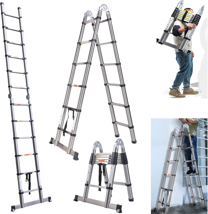 Teleskopleiter, 3,8 m (1,9 m + 1,9 m), robuste Klappleiter, Edelstahl, tragbar, Mehrzweck-Ausziehlei