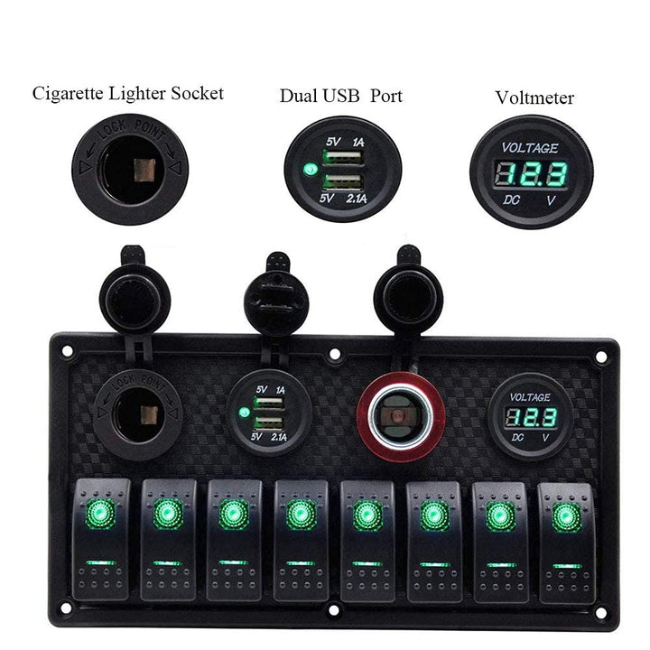 KAOLALI 12V/24V Schalter Panel Boot 8 Schaltern Kippschalter Panel Boote Zigarettenanzünder 12 V 3,1