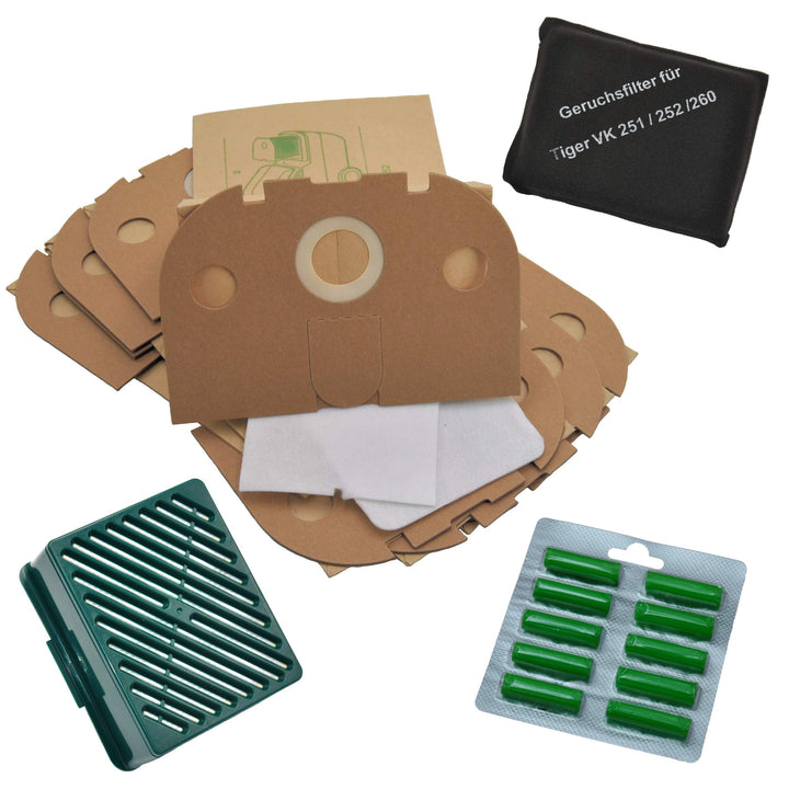 10 Staubsaugerbeutel + Aktivfiltersystem + 10 Duft geeignet für Vorwerk Tiger VT 251 252 A: 10 Staub