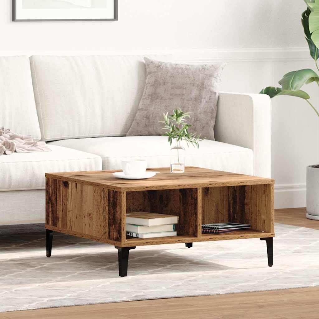 vidaXL rustikaler, brauner, quadratischer Couchtisch | Solides Altholz | Innenbereich mit Zwei einge