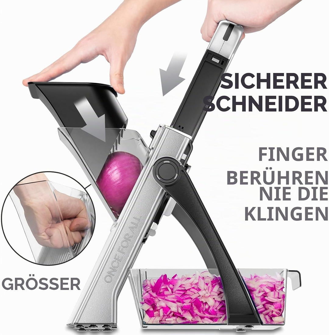 ONCE FOR ALL Upgrade Safe Mandoline Slicer Plus, grössere Grösse, verstellbarer Gemüse- und Lebensmi