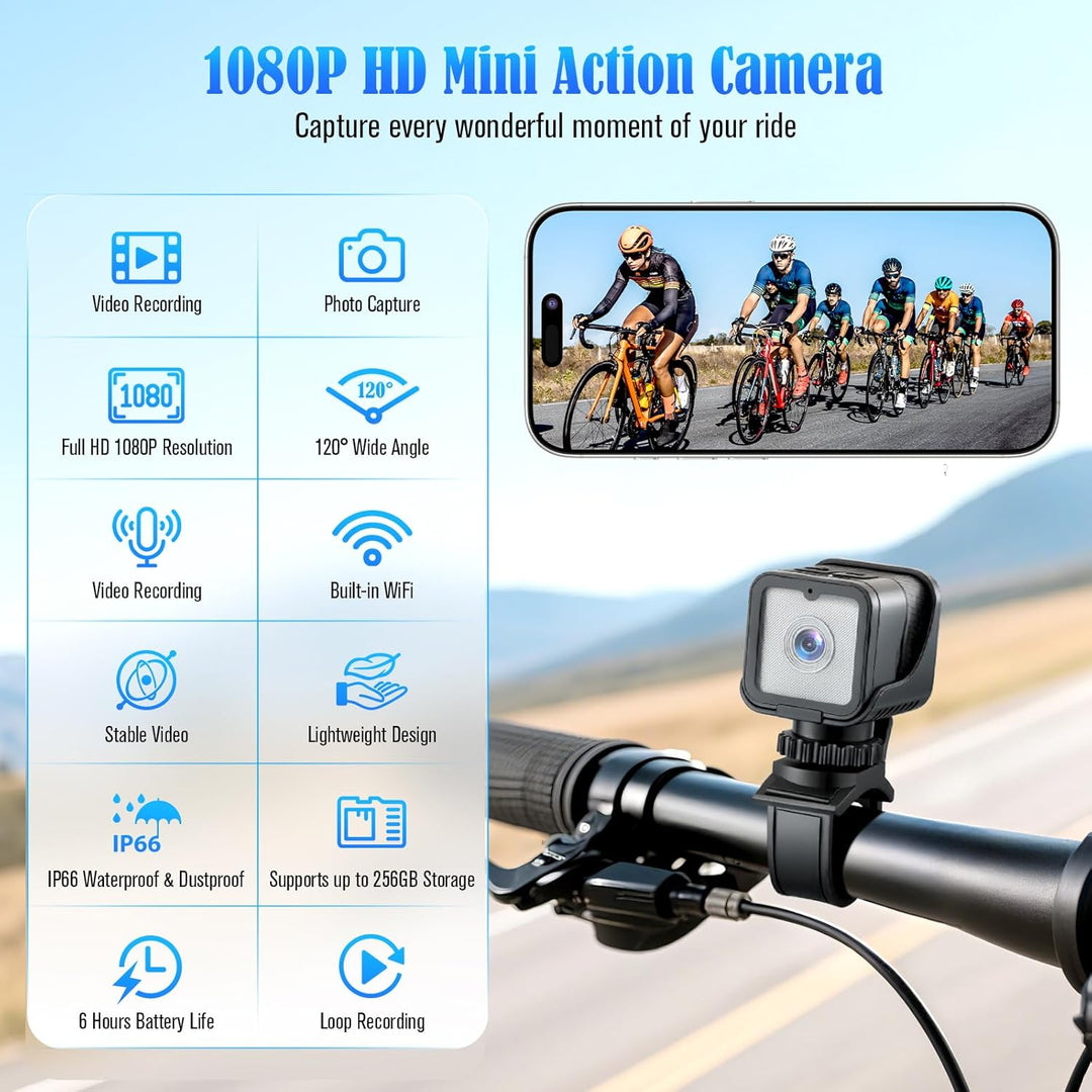 Mini Action Cam,WiFi 1080P HD & 120° Wide Angle Helmet Camera, Verbesserte Version Dashcam Fahrrad M