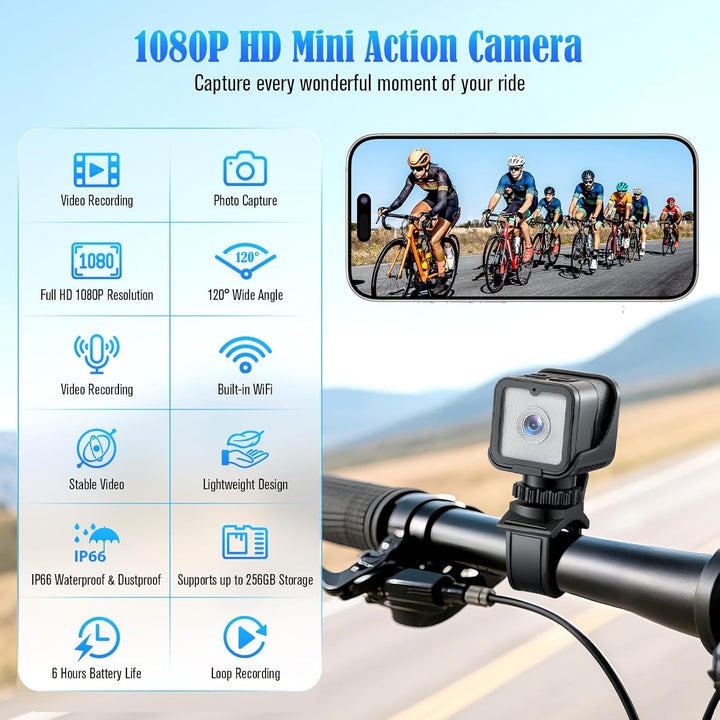 Mini Action Cam,WiFi 1080P HD & 120° Wide Angle Helmet Camera, Verbesserte Version Dashcam Fahrrad M
