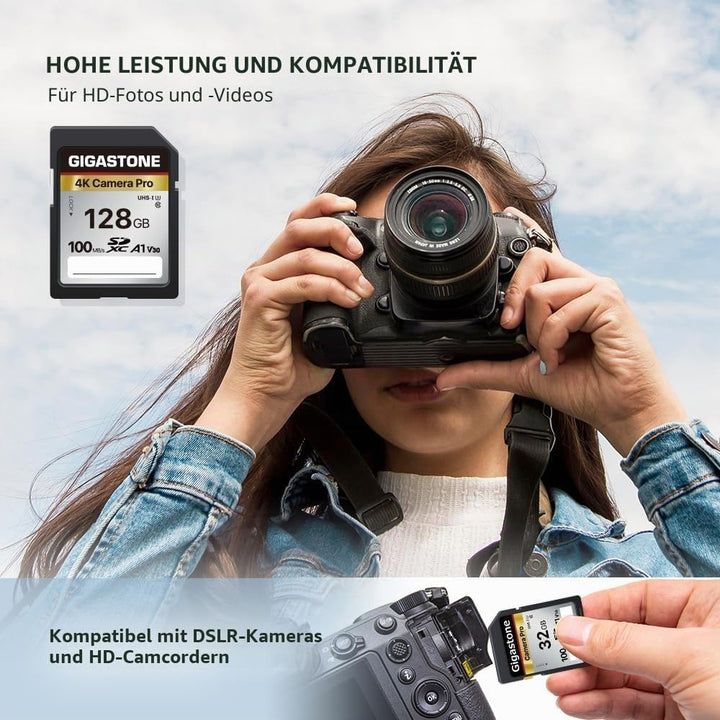 GIGASTONE 128GB SDXC Speicherkarte mit USB-Typ-C-Kartenleser, 4K Kamera Pro, bis zu 100 MB/s, für Vi