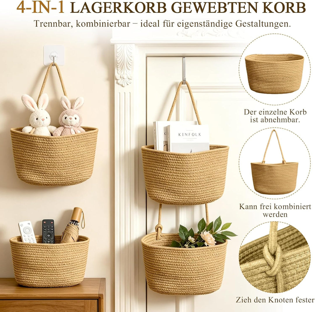 Tür Organizer hängend 4-stöckig, Khaki | Hängekorb aus Baumwollseil, Mit 4 Haken ohne Bohren, 2 vers