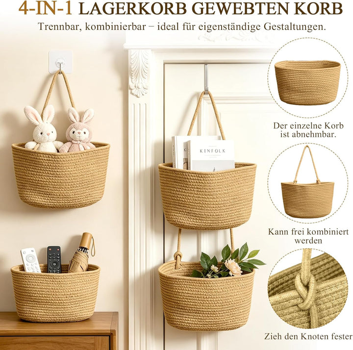 Tür Organizer hängend 4-stöckig, Khaki | Hängekorb aus Baumwollseil, Mit 4 Haken ohne Bohren, 2 vers