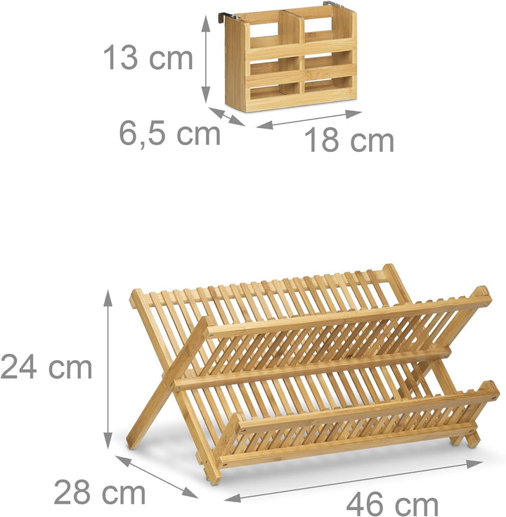 Relaxdays Abtropfgestell CROSS mit Besteckkorb HBT 24 x 46 x 28 cm Abtropfgitter Bambus klappbar für