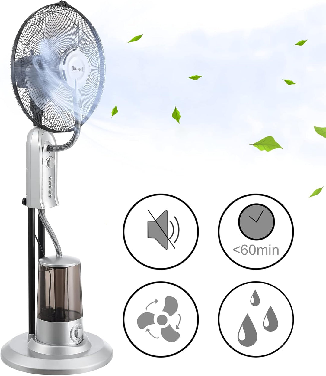 in.tec Nebelventilator 75W mit Wassernebel mit 3 Geschwindigkeitsstufen Standventilator Ventilator B