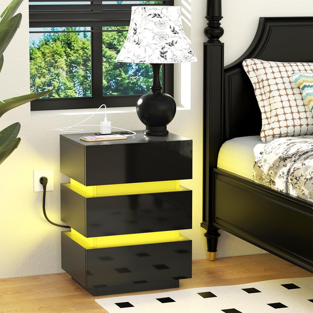 PIPIPOXER Nachttisch Schwarz,Nachttisch LED mit Steckdose & USB, Nachtschrank Schwarz Hochglanz Nach