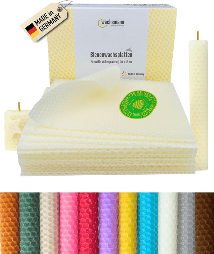 Wachsmann 20 Bienenwachsplatten aus Deutschland, weiss, Wachsplatten 20 x 15 cm, Bienenwachs Kerzen