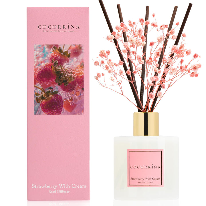 COCORRÍNA Raumduft Reed Diffuser mit 8 Duftstäbchen 200ml, Strawberry with Cream, Natürlich, Langanh