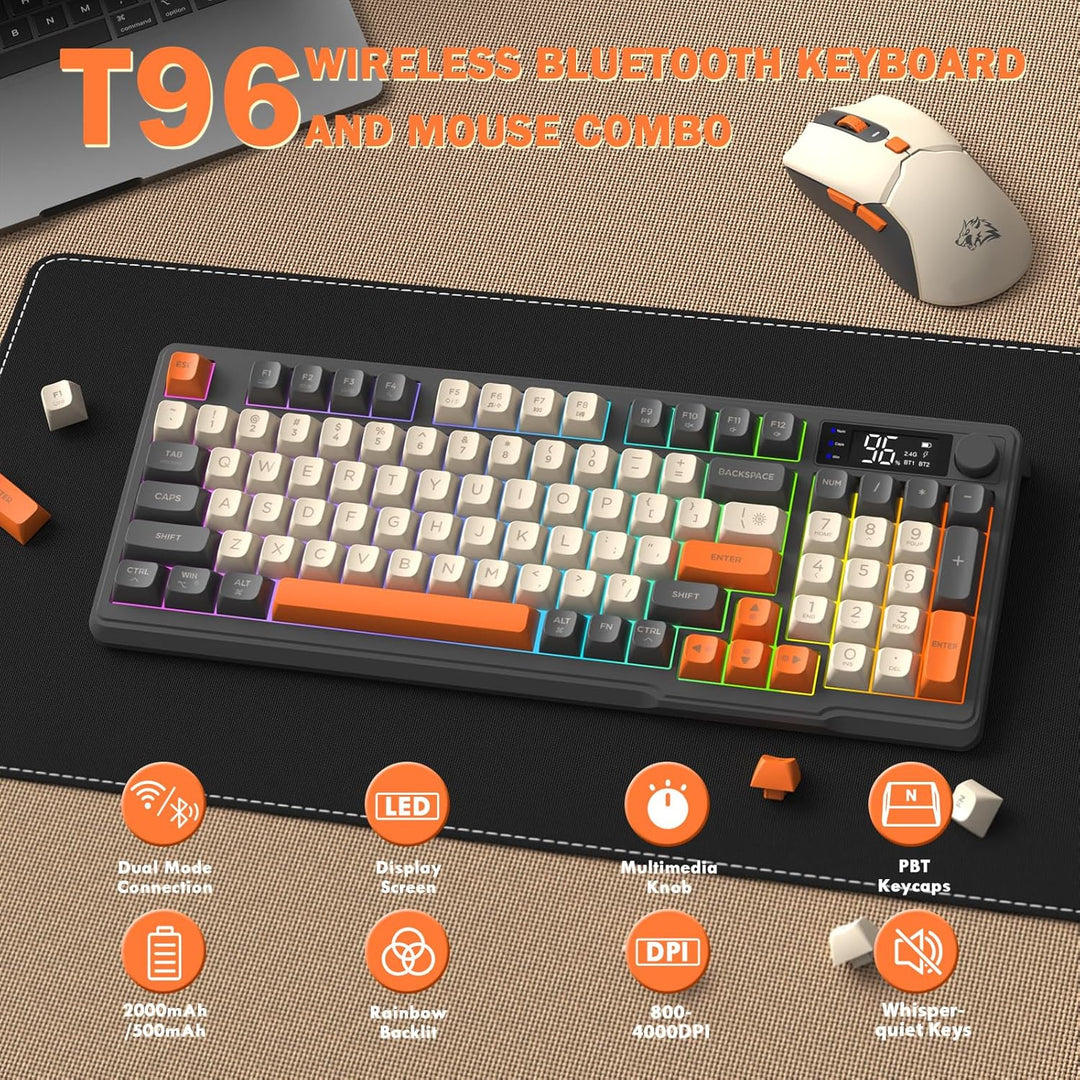 FREEWOLF T96 Kabellose Tastatur und Maus, Bluetooth & 2.4G, PBT-Tastenkappen, Medienrad, Display, Le