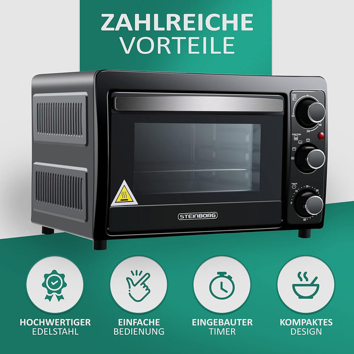 Mini Backofen 15 Liter Pizza-Ofen 3in1 Backofen Minibackofen Miniofen Krümelblech Ober-/Unterhitze E