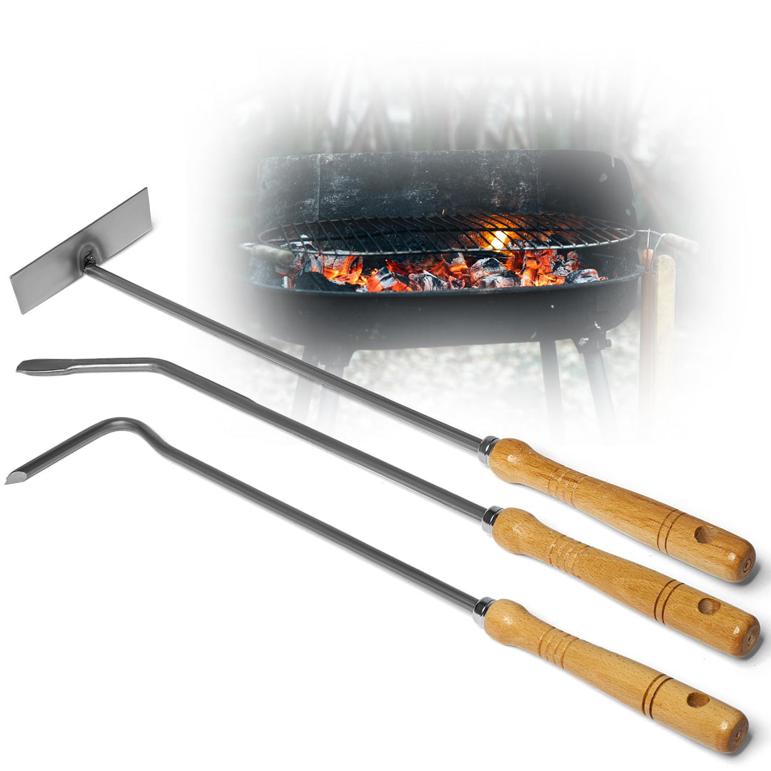 Kaminzubehör Set aus Stocheisen Aschenkratzer Feuerhaken mit Holzgriff Kaminbesteck Schüreisen Schür