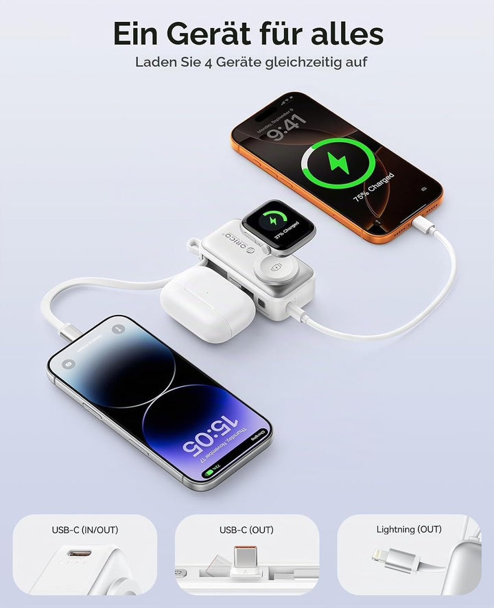 ORICO Mini Powerbank 5000mAh, PD 22,5W Externe Handyakkus mit Klappbarem USB-C Stecker &amp; Lightning K