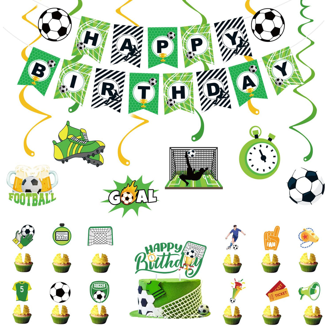 Kiyanest Fussball-Geburtstagsdeko – Happy Birthday Banner mit Hängespiralen, Kuchentopper & Cupcake-