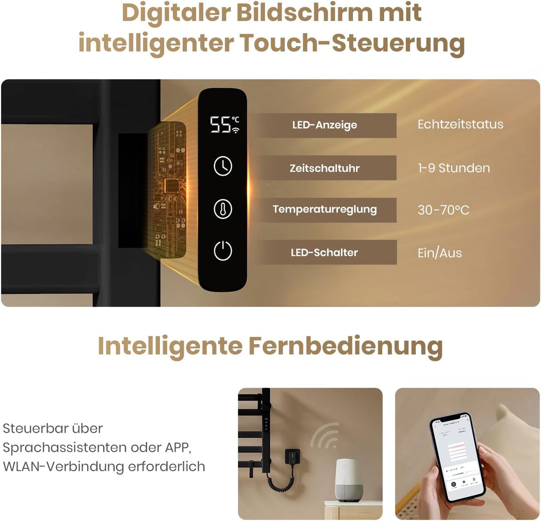 EMKE Elektrischer Badheizkörper 100x50 cm, 280W Handtuchwärmer mit WLAN-App-Steuerung, Kohlefaser Ha
