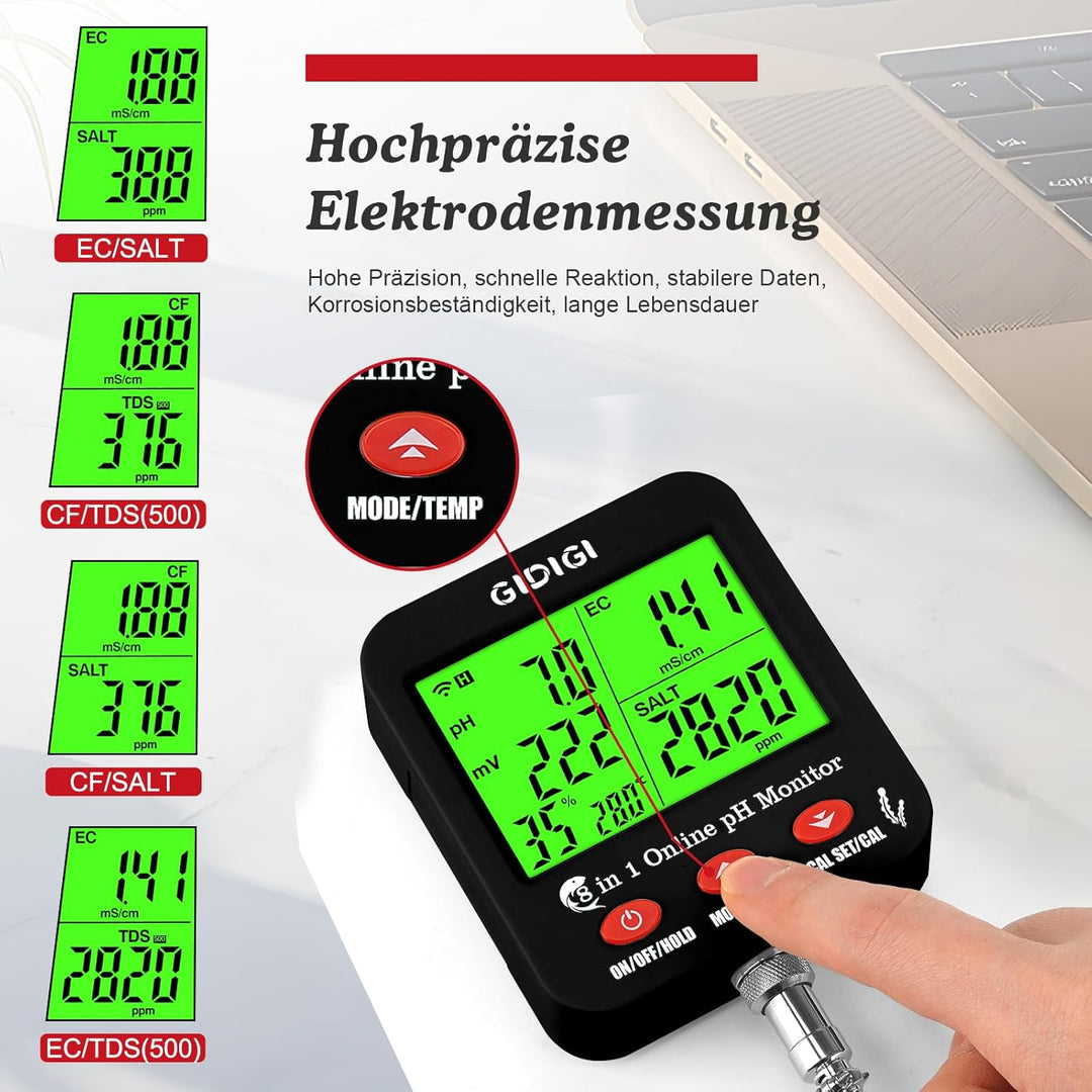 8-in-1 WiFi Water Smart pH/EC/TDS/Salz Messgerät mit ORP, Feuchtigkeits und Temp, Digitaler Hydrokul