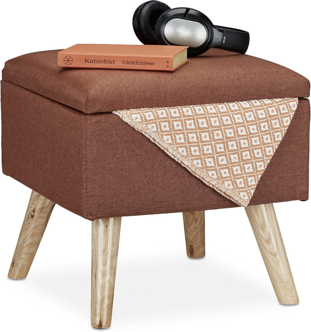 Relaxdays, braun Hocker mit Stauraum, Kunstleinen-Bezug, gepolstert, Holzbeine, Fusshocker mit Decke