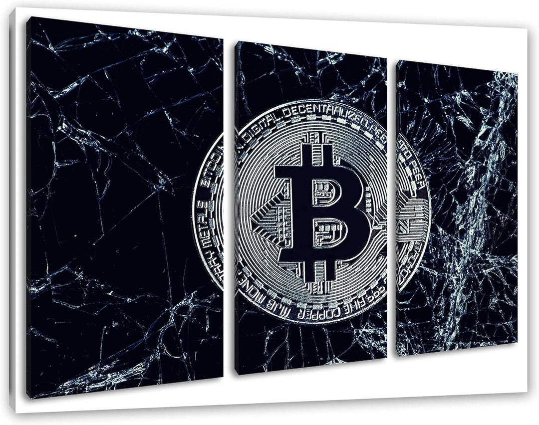 Bitcoin BTC auf Eisals Leinwandbild 3 teilig | Grösse: 120x80 cm | Wandbild | Kunstdruck | fertig be