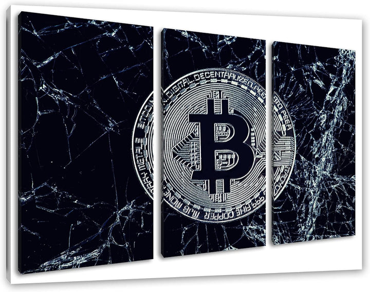 Bitcoin BTC auf Eisals Leinwandbild 3 teilig | Grösse: 120x80 cm | Wandbild | Kunstdruck | fertig be