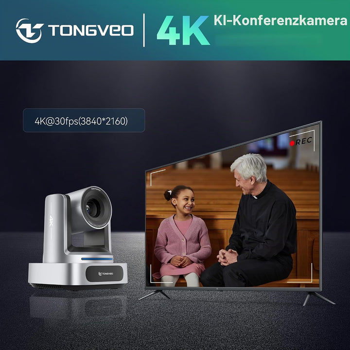 TONGVEO AI 4K PTZ Kamera mit Auto-Tracking, 10-facher optischer Zoom Videokonferenzkamera, HDMI &amp; US