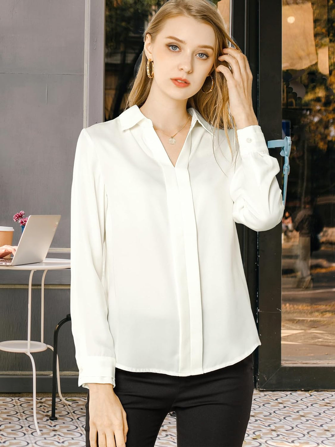 Allegra K Damen Satin Bluse Langarm Hemdkragen V-Ausschnitt Shirt Elegant Top M Weiss, M Weiss