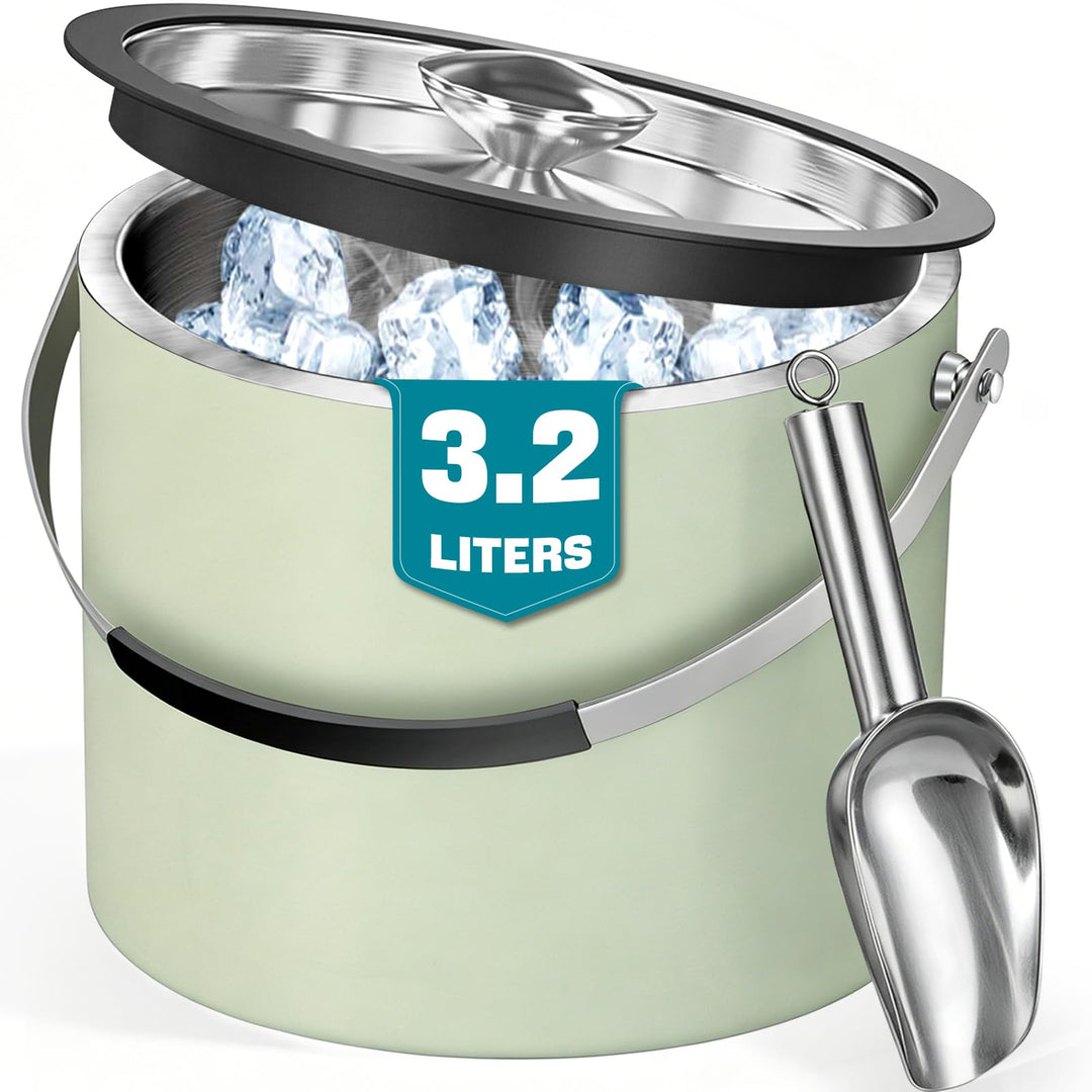 3.2L Eiswürfelbehälter mit Deckel und Schaufel, Edelstahl Eiskübel Doppelwandiger Isolierter Eisbehä