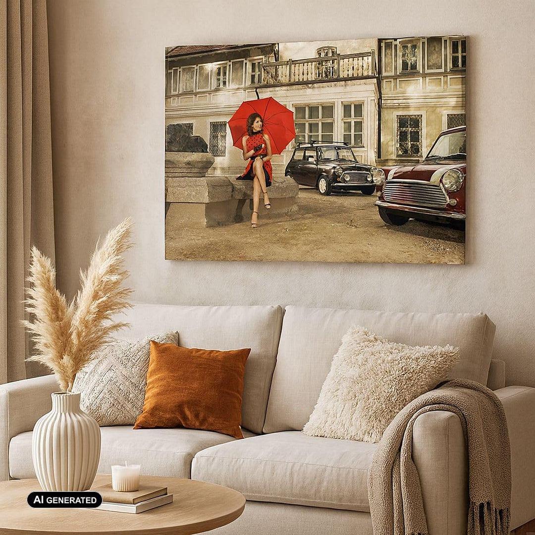 Bilder auf Leinwand 100x70cm Leinwandbild Attraktiv Frau Spaziergang Regenschirm Gross Wanddeko Bild