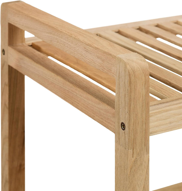 Relaxdays Badregal, Holz, HxBxT: 97 x 35 x 31 cm, Holzregal mit Rollen, 4 Ablagen, Regal für Badezim