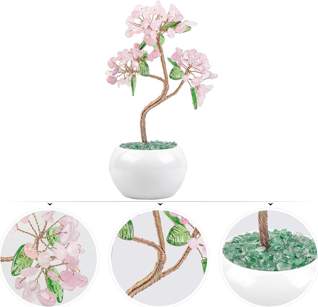 Nupuyai Rosenquarz Kristall Baum Feng Shui Edelstein Baum mit Keramische Basis, Glücksbaum, Geldbaum