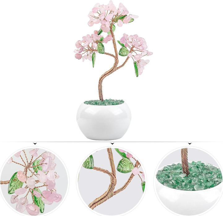 Nupuyai Rosenquarz Kristall Baum Feng Shui Edelstein Baum mit Keramische Basis, Glücksbaum, Geldbaum