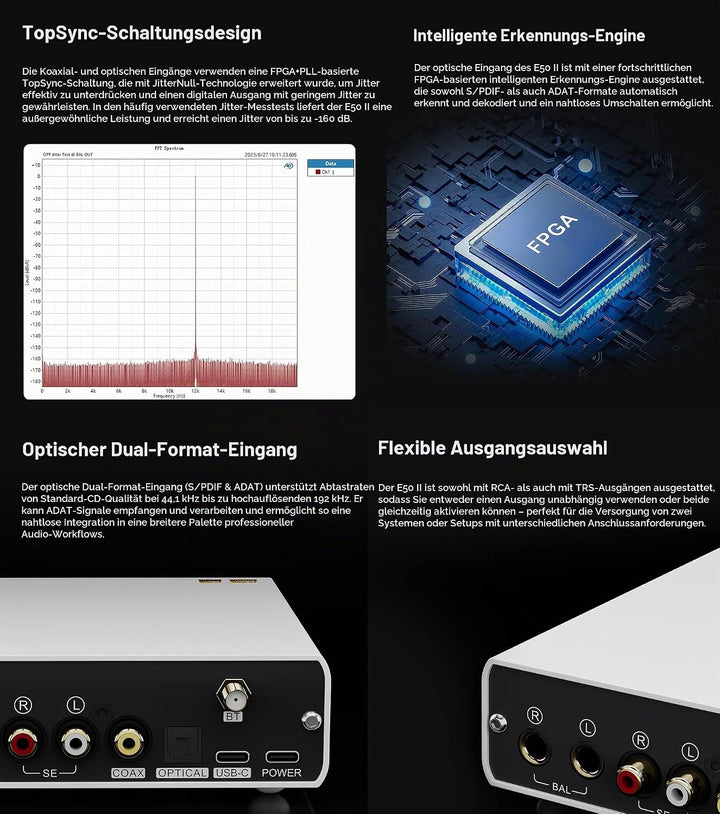 Topping E50 II Mini-HiFi-DAC AK4497S DSD512 PCM768kHz USB-DAC USB-C/Koax/Opt/BT-Eingänge RCA/TRS-Aus