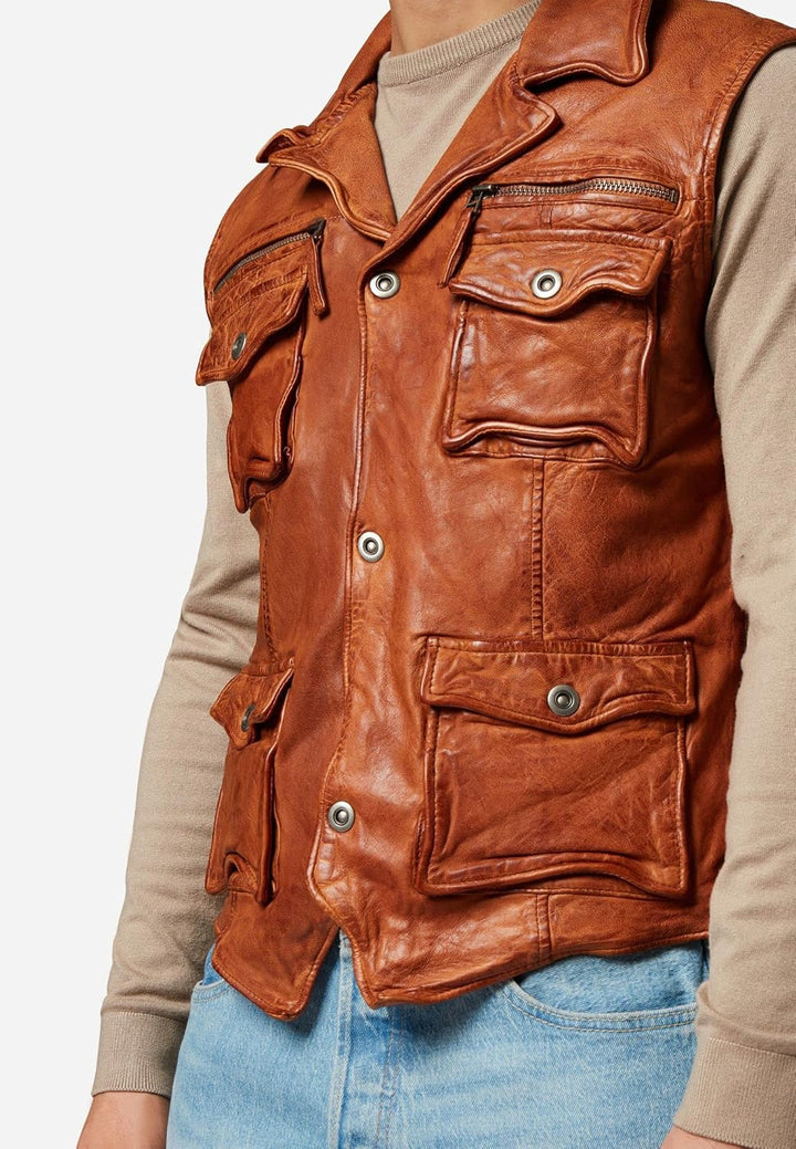 RICANO SK-Vest - Herren Lederweste aus echtem Lamm Nappa Leder Cognac Braun 4XL, Cognac Braun 4XL