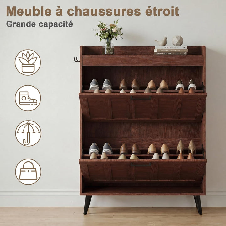 Schuhschrank Schmal mit 2 Klappschubladen, Landhausstil Schuhaufbewahrung für Flur Wohnzimmer, Kipps