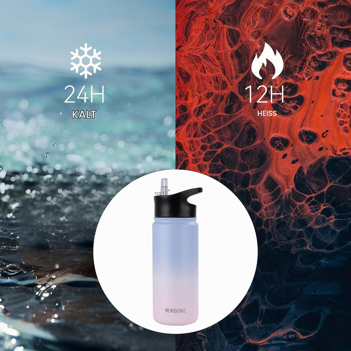 Edelstahl Trinkflasche 500ml (+2 Deckel)-mit Strohhalm,BPA frei,Thermosflasche Auslaufsicher,Kohlens