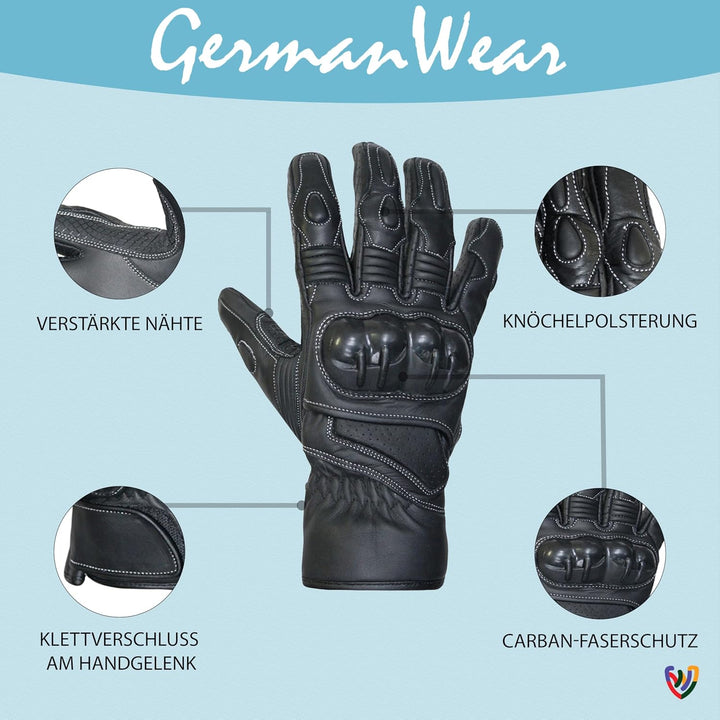 German Wear Motorradhandschuhe Motorrad Biker Lederhandschuhe Schwarz, Size:8=M, 8=m