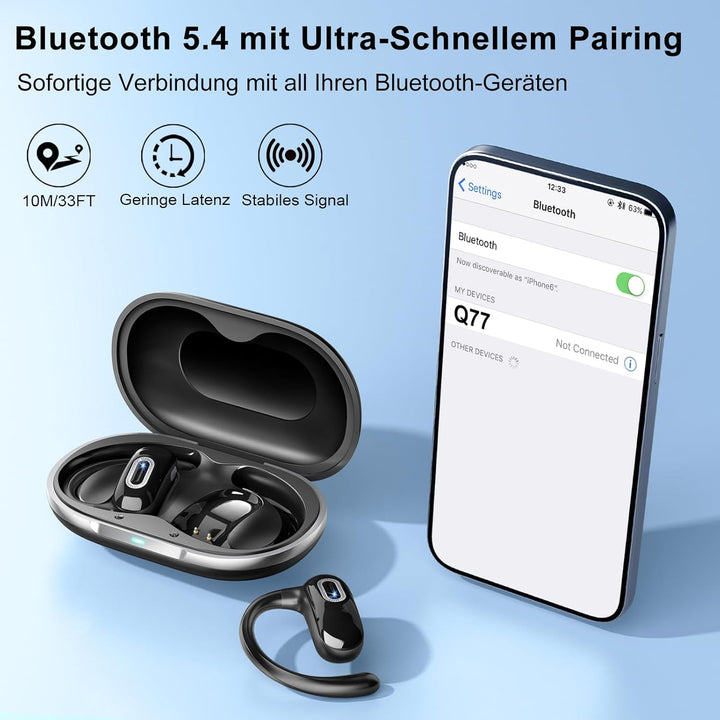 Open Ear Kopfhörer, Bluetooth 5.4 Kopfhörer Kabellos, Tiefer Bass mit 4 ENC Mikrofon, 58 Std, Sportk