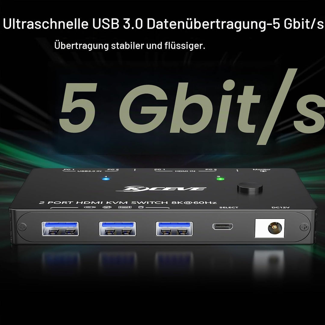 8K HDMI KVM Switch 2 Port 8K@60Hz 4K@120Hz, 2 PC 1 Monitor | USB 3.0 KVM Switch HDMI 2.1 für 2 Compu