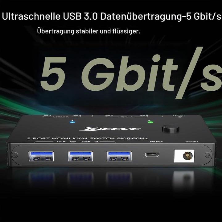 8K HDMI KVM Switch 2 Port 8K@60Hz 4K@120Hz, 2 PC 1 Monitor | USB 3.0 KVM Switch HDMI 2.1 für 2 Compu