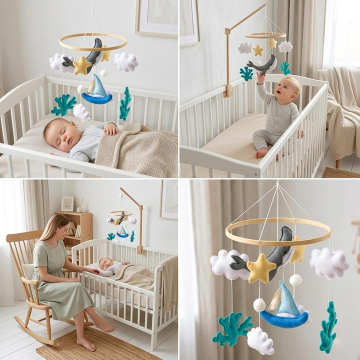 Mobile Baby Meerestiere Segelboot Babybett Windspiel, Muschel Wal Filz Bettglocke Wickeltisch Mobile