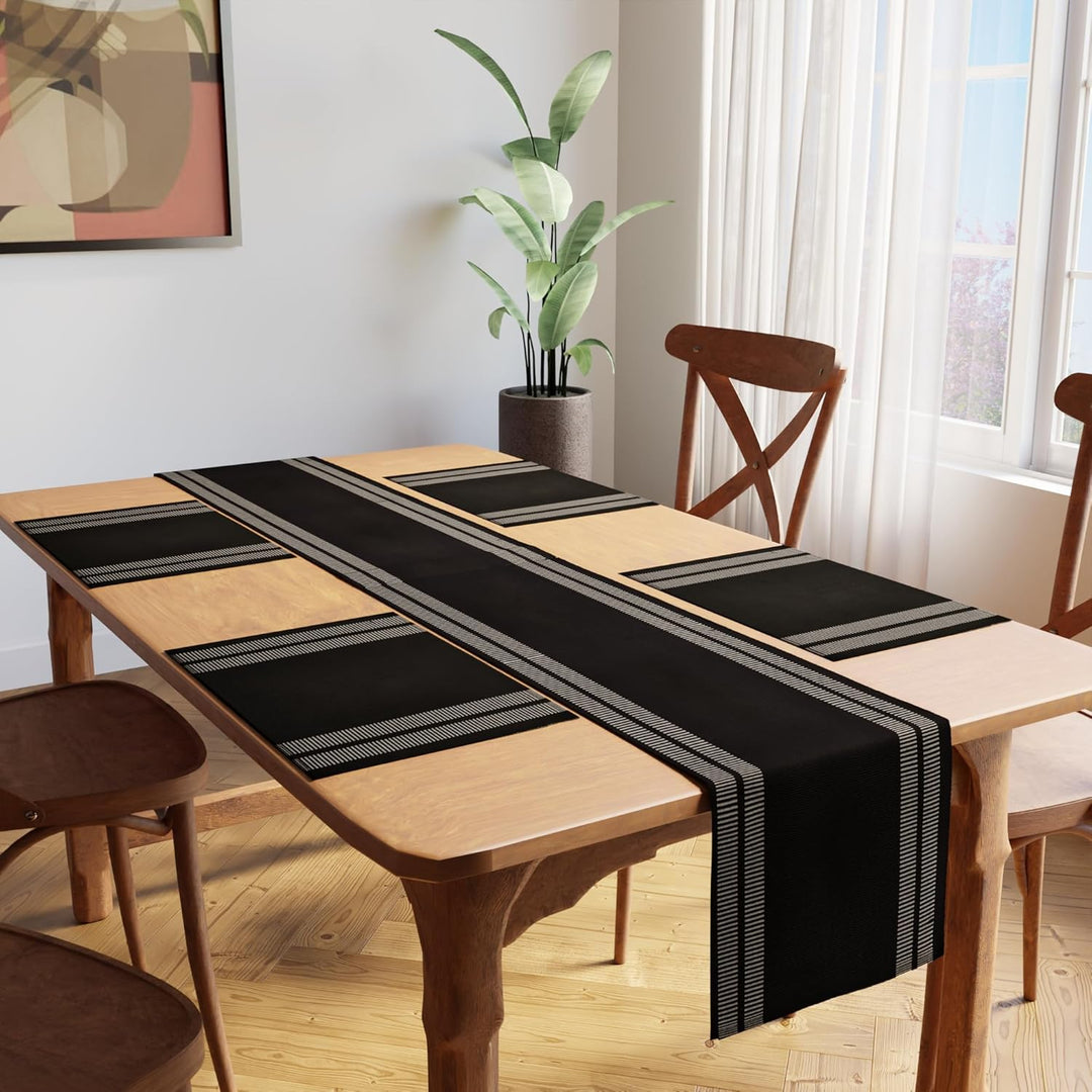 Encasa Homes Esszimmer-Set (4 Tischsets + 1 Tischläufer) | Ladder Black | Fein gerippte Baumwolle |