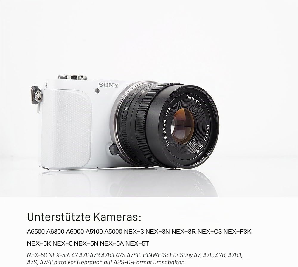 7artisans 50mm F1.8 APS-C Manuelle Fixed Objektiv für Sony E-Mount spiegellose Kamera wie Sony A6500
