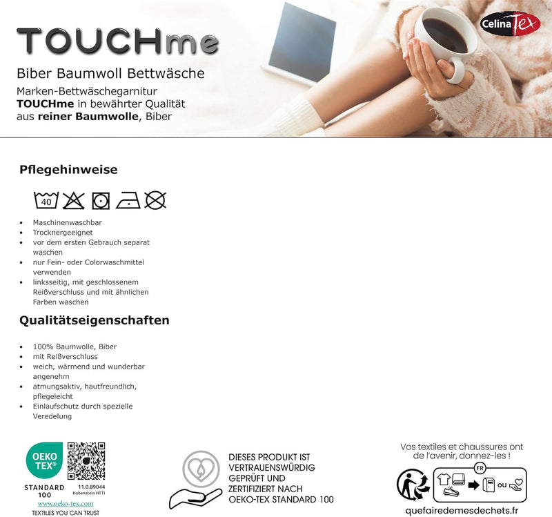 CelinaTex Touchme Biber Bettwäsche 135 x 200 cm 4teilig Baumwolle Bettbezug Anni grau schwarz grün 4