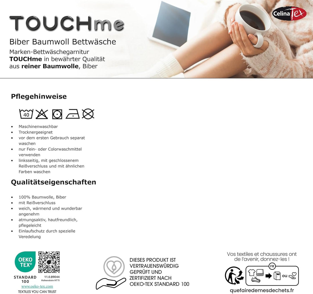 CelinaTex Touchme Biber Bettwäsche 135 x 200 cm 4teilig Baumwolle Bettbezug Megan Ornamente beige bl