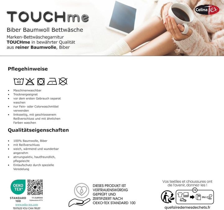 CelinaTex Touchme Biber Bettwäsche 135 x 200 cm 4teilig Baumwolle Bettbezug Sarah Wörter beige braun