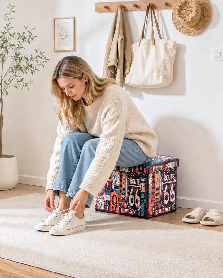 Bonlife Retro Kunstleder Hocker, Faltbarer Aufbewahrungshocker, Platzsparender Fusshocker für Wohnzi